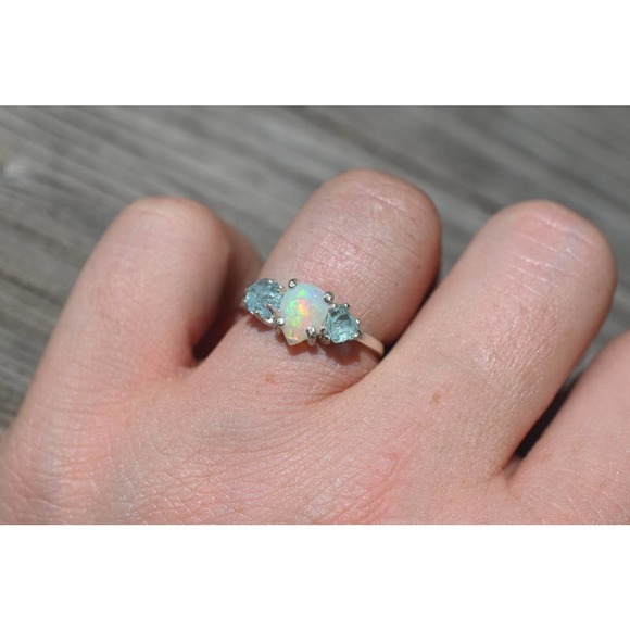 Opal and aquamarine engagement ring, raw stone ring, alternative engagem… - Picture 2 of 2